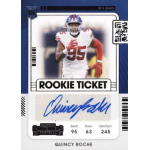 quincy roche 2021 panini contenders rookie ticket autograph Football rookie card featuring player in uniform, titled Rookie Ticket with signature.