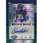quincy roche 2021 panini contendres optic rookie ticket autograph green pulsar Rookie football card featuring player in blue jersey, number 95, with signature and ticket details.