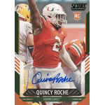quincy roche 2021 score green autograph Football player in red jersey celebrates on a sports trading card with a signature and Hurricanes text.