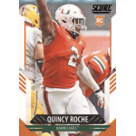 quincy roche 2021 score rc Football player in orange jersey celebrating on the field, collectible card design.