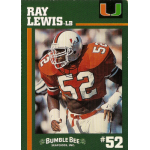 ray lewis 1994 bumble bee miami hurricanes rc Football player in a red jersey, number 52, preparing for a play on a Bumble Bee Seafood card.