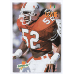 ray lewis 1995 gatorade miami hurricanes rc Football player in orange uniform, number 52, on a trading card with Gatorade logo and team graphics.