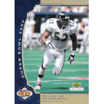 ray lewis 2000 upper deck super bowl xxxv Football player in action on a trading card, wearing a number 52 jersey, Super Bowl XXXV theme. Upper Deck logo.