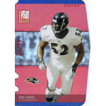 ray lewis 2003 donruss elite status Football player trading card, athlete in white jersey with number 52, blue and pink background, sports memorabilia.