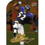 ray lewis 2004 fleer ultra gold medallion Football player in a blue and white uniform mid-celebration, on a card labeled Ray Lewis Ravens.