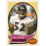 ray lewis 2005 topps throwbacks Football player in white jersey with number 52 on vintage trading card, labeled Ravens, Linebacker.