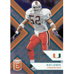 ray lewis 2018 panini elite draft picks teal status Football player in a white and orange uniform on a trading card with Miami Hurricanes and Elite logos.