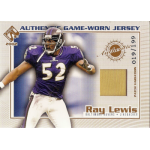ray lewis 2002 private stock patches Football card featuring a linebacker in a purple jersey with a swatch of game-worn fabric, number 52, authentic edition.
