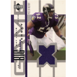 ray lewis 2002 upper deck piece of history big game jersey Football player in a purple jersey on an Upper Deck trading card, featuring a large blue X design element.