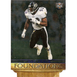 ray lewis 1996 nfl experience foundations rc Football player in a white jersey and helmet running on a sports card with Foundations text at the bottom.