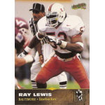 ray lewis 1996 score board all sport rc American football linebacker in action on a trading card, wearing a white and orange uniform during a game.