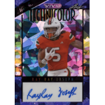 ray ray joseph 2024 leaf vivid technicolor navy blue Football player in red uniform running with ball on vibrant trading card background. Signature visible below image.