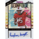 ray ray joseph 2024 leaf vivid technicolor white autograph Football player card: athlete in orange jersey running with ball, features bold colors and autographed signature.