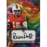 reese poffenbarger 2024 wild card 7 card stud clubs rainbow one of one autograph Football trading card featuring QB in orange jersey, holding a ball, with colorful background and signature at the bottom.
