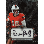 reese poffenbarger 2024 wild card 7 card stud hearts black one of one autograph Football trading card featuring quarterback in orange jersey, holding a ball. Autograph displayed, marked 1/1, Wild Card design.