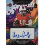 reese poffenbarger 2025 wild card metallix prolook autopaint stealth rainbow one of one Football player in orange uniform holding ball on a colorful trading card with autograph, labeled Quarterback.