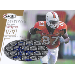 reggie wayne 2001 sage gold autograph Football player in orange jersey with autograph card in foreground.