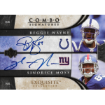 reggie wayne 2006 upper deck exquisite signature duals Signed football card featuring Reggie Wayne and Sinorice Moss, Combo Signatures, Exquisite Collection.