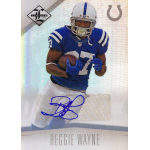 reggie wayne 2012 limited silver autograph Football player in blue and white jersey holding a football card with signature and Colts logo in the background.