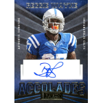reggie wayne 2013 panini playbook accolades signature Football player trading card with blue jersey and helmet, featuring an autograph and Accolades text.