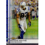 reggie wayne 2009 topps finest xfractor Football player in white uniform with blue details, on a trading card by Topps Finest.