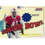reggie wayne 2001 bowman chrome rookie relics senior bowl Football player card featuring a Senior Bowl jersey patch and the name Reggie Wayne on a Bowman Chrome design.