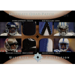 reggie wayne 2005 ultimate quad prime Ultimate Quad Patch football card featuring Johnson, Williams, Clayton, and Wayne with team logos and jersey textures.