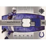 reggie wayne 2007 ultimate ultimate materials Football trading card featuring a player in a Colts uniform, number 87, with jersey swatch and team logo.