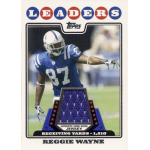 reggie wayne 2008 topps jsy NFL player card showcasing a blue-clad football player with Leaders and jersey insert. Text: Receiving Yards - 1,510.