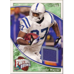 reggie wayne 2009 upper deck heroes green jsy 94 Football card featuring player in white and blue uniform with number 87, labeled 'Football Heroes', Reggie Wayne.