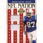 reggie wayne 2011 gridiron gear nfl nation gold jsy NFL trading card featuring player in blue Colts uniform with stars and stripes background.