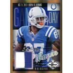reggie wayne 2013 limited game day materials prime American football player in blue jersey featured on collectible card, Game Day vs. Browns, October 21, 2012.