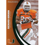 richard gordon 2015 panini university of miami 057 Football player in orange jersey holding a football, featured on a University of Miami player card.