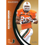 richard gordon 2015 panini university of miami 057 gold University of Miami football player in orange uniform holding a ball, Panini card design, number 25 of 25.
