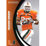 richard gordon 2015 panini university of miami 057 silver Football player in orange University of Miami uniform holding a ball on a Panini card. Number 84 jersey.