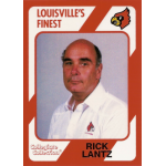 rick lantz 1989 collegiate collection louisville 128 Man in a white shirt on a Louisville trading card with red border and logo. Text reads Louisville's Finest Rick Lantz.
