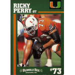ricky perry 1994 bumble bee miami hurricanes rc Football player in an orange Miami Hurricanes uniform, number 73, prepares to block on a trading card background.
