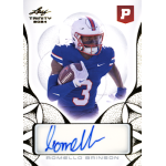 romello brinson 2024 leaf trinity autograph Football player in blue jersey runs with ball on trading card featuring autograph, Leaf Trinity 2024 branding visible.