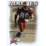 ron dugans 2000 dominion rc Football player in red uniform on a rookie card running on the field.