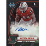 rueben bain 2024 bowman chrome university autograph Football player card with Miami Hurricanes uniform, autograph of Rueben Bain Jr., defensive end position highlighted.