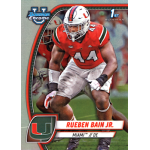rueben bain 2025 bowman chrome university refractor Miami Hurricanes player in red uniform, number 44, playing football, sports card design.