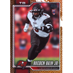 rueben bain 2026 topps leather rc Tampa Bay NFL rookie defensive end on Topps trading card, white jersey sprinting with red background.