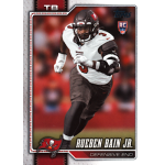 rueben bain 2026 topps rc NFL rookie trading card showing a defensive end in white jersey sprinting, Tampa Bay team colors and pirate logo on red field.