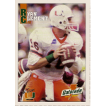 ryan clement 1996 gatorade miami hurricanes rc Quarterback in action during a football game, wearing a white and orange Miami Hurricanes uniform, holding the ball.