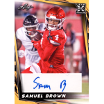 sam brown 2024 leaf draft gold autograph Rookie football player in red jersey holding ball on trading card, with autograph and Rookie badge.