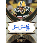 sam shields 2024 select silver signatures Football trading card featuring a player in Green Bay Packers uniform with signature underneath.