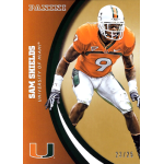 sam shields 2015 panini university of miami 060 gold Football player in orange and white uniform on Panini card from the University of Miami, numbered 23/25.