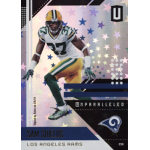 sam shields 2019 panini unparalleled astral Football trading card featuring a player in a Green Bay Packers uniform, branded Unparalleled with Los Angeles Rams logo.