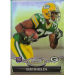 sam shields 2010 bowman sterling refractor rc Football player in green and yellow uniform holding a ball, featured on a collectible card labeled Bowman Sterling.