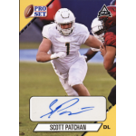 scott patchan 2022 pro set gold autograph Football player in action on a Pro Set card with signature, labeled Scott Patchan DL.